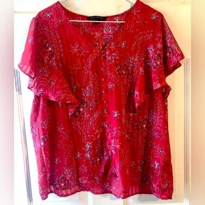 Zac & Rachel Red Blue White Floral Flutter Ruffle Sleeve Sheer Striped Blouse XL